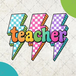 Blitzschlag Lehrer PNG, Retro Neon kariert Zurück zu Schuldesign, buntes Lehrer Hemd Sublimation PNG, digitaler Download