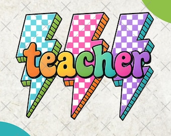 Lightning Bolt Teacher PNG, Retro Neon Checkered Back to School Design, Colorful Teacher Shirt Sublimation PNG, Digital Download