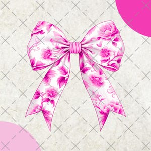 May include: A pink bow with a white background and floral pattern. The bow is tied in a knot and the ends are curled.