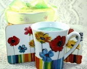 Soy Wax Spring Topchoice Mug Candle Gift Set,YOUR SCENT CHOICE,Hand Poured, Stripes & Floral China Mug, Matching Gift Box, Coaster, Gift Tag