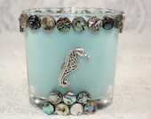 Soy Wax Candle SeaShells Embellished,Abalone Coin Beads Silver Metal Seahorse,Homemade,YOUR SCENT CHOICE,Hand Poured in Oval Glass Container