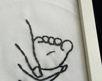 Puede incluir: Obra de arte bordada en blanco y negro de una mano sosteniendo un objeto pequeño, enmarcada en un marco blanco.