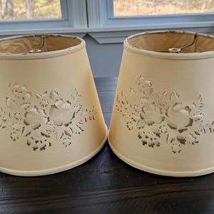 Vintage Floral Cut-Out Lampshades – Set of 2 Beige Fabric with Delicate Painted Flower Design