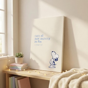 Snoopy kristen poster Kasta all din ångest på honom Canvas | Religiösa bibelverser väggkonst