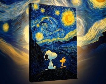 Starry Night Snoopy and Woodstock Canvas snoopy poster gift for snoopy lovers present for boyfriend present for girlfriend