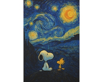 Starry Night Snoopy and Woodstock Canvas snoopy poster gift for snoopy lovers present for boyfriend present for girlfriend