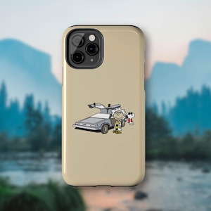 May include: Tan phone case featuring a cartoon image of a silver DeLorean car with its doors open, alongside cartoon characters Rick and Snoopy. The case has a triple-lens camera cutout and a black border around the camera.