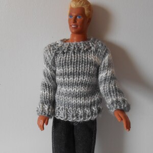 Hand knit Autumn Gray white stripe pullover sweater to fit 12&quot; Ken dolls hand made