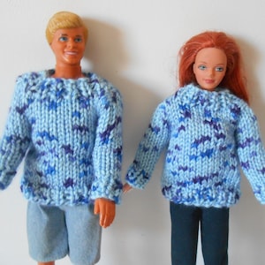 Hand knit matching  pullover sweater to fit 12&quot; Ken doll and Barbie fashion doll BLUE