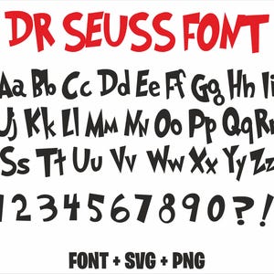 Fuente Dr. Seuss / Archivo OTF para Cricut Design Space Cutting / Imágenes de texto de fuente divertida / Gato con sombrero / Alfabeto Dr. Seuss / Archivo de corte SVG