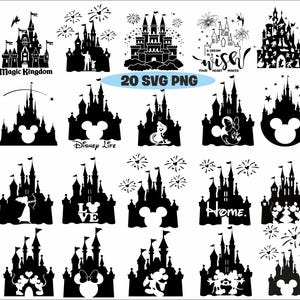 Paquete SVG de castillo, clipart de castillo, Mickey Mouse con cabeza de corazón, SVG del reino mágico, archivos de corte para silueta de Cricut