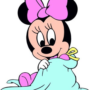 May include: A cartoon illustration of Minnie Mouse, wearing a pink bow, holding a light blue blanket. She is sitting on a light blue blanket with a yellow bow.