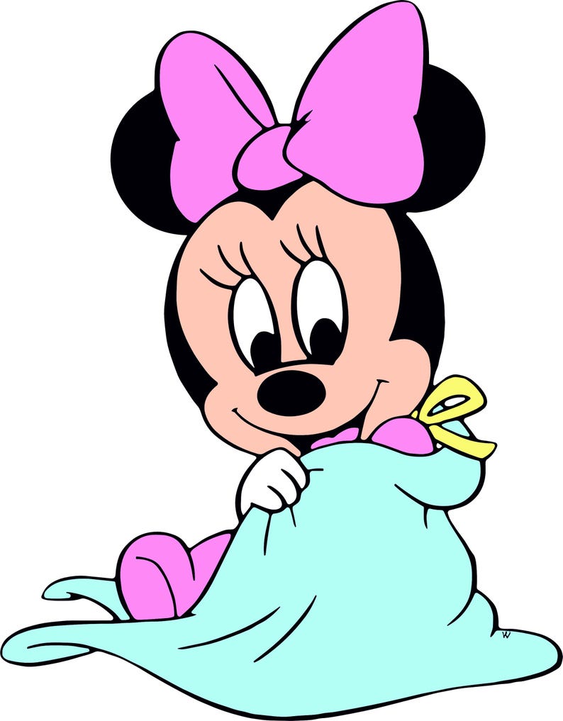 May include: A cartoon illustration of Minnie Mouse, wearing a pink bow, holding a light blue blanket. She is sitting on a light blue blanket with a yellow bow.