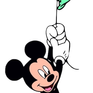May include: Mickey Mouse holding a green heart-shaped balloon. He is wearing red shorts with white polka dots and black shoes.