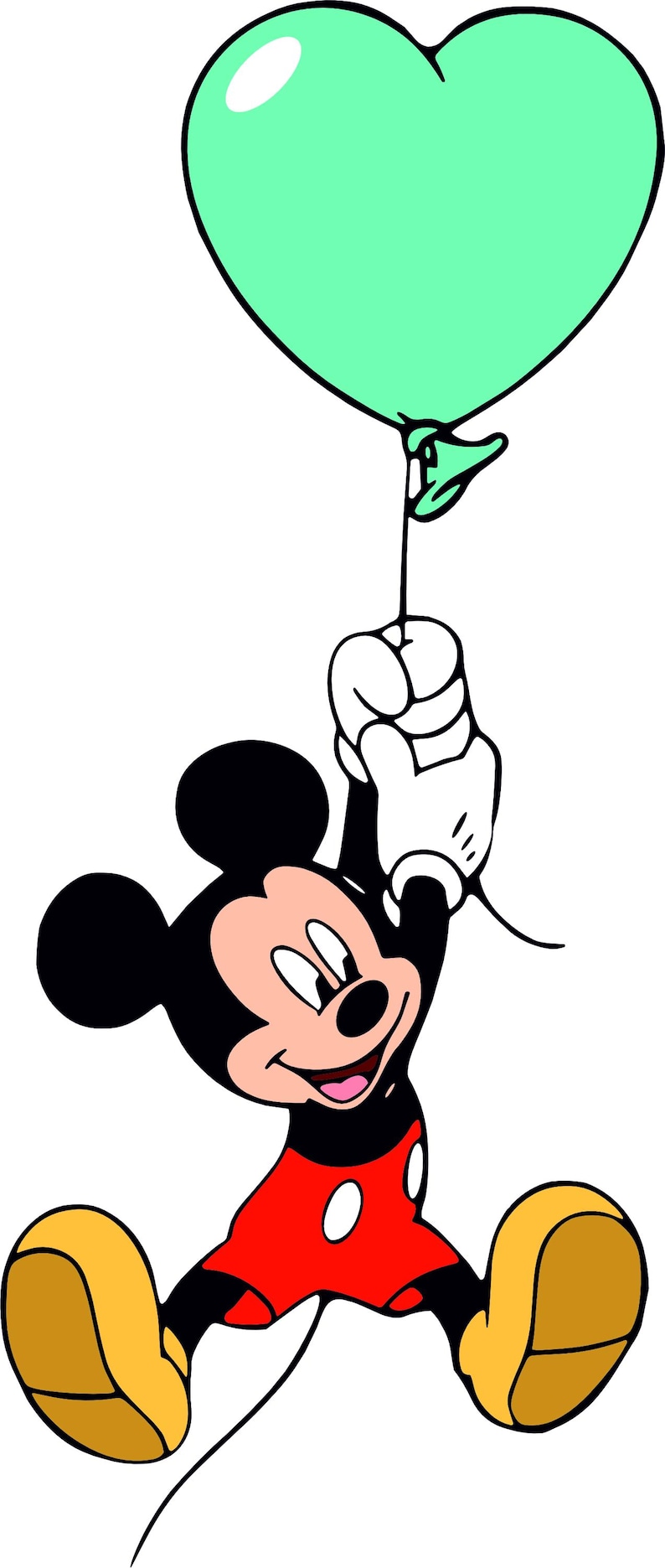 May include: Mickey Mouse holding a green heart-shaped balloon. He is wearing red shorts with white polka dots and black shoes.