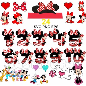 May include: A set of 24 SVG and PNG files featuring a red and white polka dot Minnie Mouse theme. The set includes numbers 1-10, Minnie Mouse characters, and a heart with a bow. The text "24 SVG PNG EPS" is included in the image.