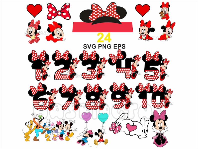 May include: A set of 24 SVG and PNG files featuring a red and white polka dot Minnie Mouse theme. The set includes numbers 1-10, Minnie Mouse characters, and a heart with a bow. The text "24 SVG PNG EPS" is included in the image.