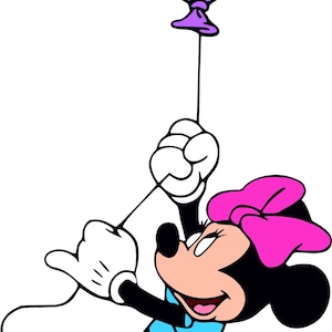 May include: A cartoon illustration of Minnie Mouse holding a purple heart-shaped balloon with a string. She is wearing a blue dress and a pink bow.