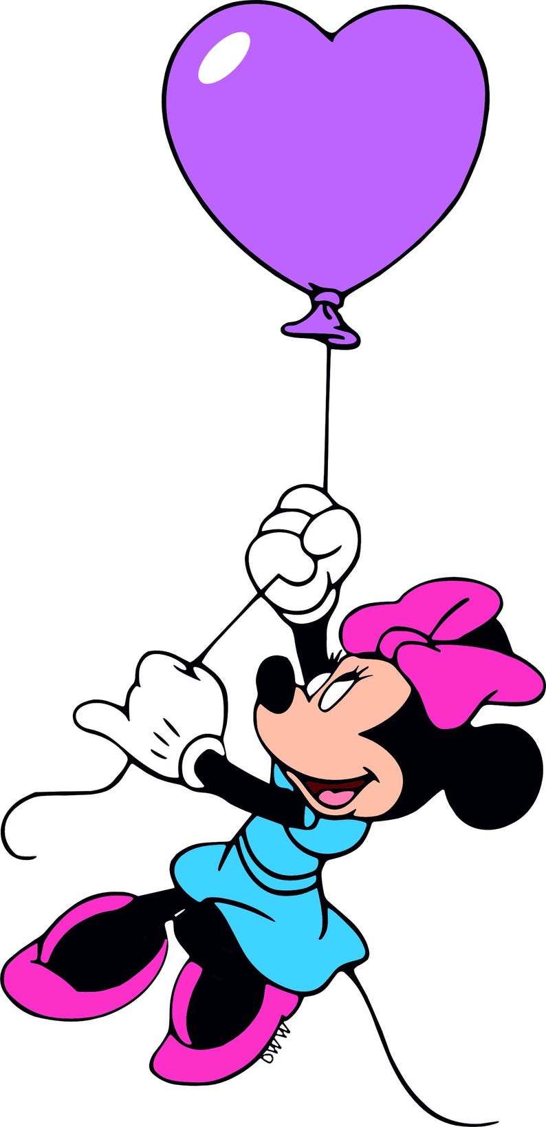 May include: A cartoon illustration of Minnie Mouse holding a purple heart-shaped balloon with a string. She is wearing a blue dress and a pink bow.