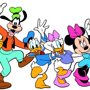 May include: A group of cartoon characters, including Goofy, Pluto, Donald Duck, Daisy Duck, and Mickey Mouse, are dancing together. They are all smiling and having fun.