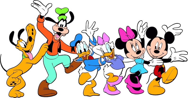 May include: A group of cartoon characters, including Goofy, Pluto, Donald Duck, Daisy Duck, and Mickey Mouse, are dancing together. They are all smiling and having fun.