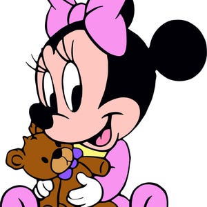 May include: A cartoon illustration of a pink and black Minnie Mouse holding a brown teddy bear. She is wearing a pink dress and a pink bow.