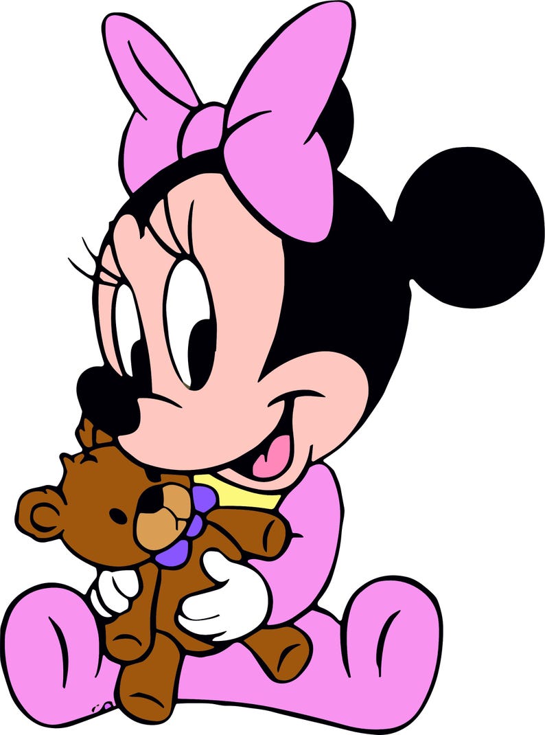 May include: A cartoon illustration of a pink and black Minnie Mouse holding a brown teddy bear. She is wearing a pink dress and a pink bow.