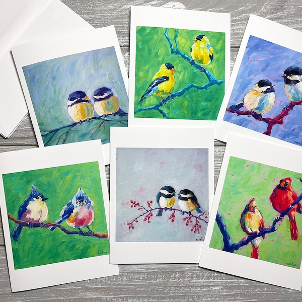 Bird Pairs Blank Note Cards Set Of 6, Valentine Stationery Blank With Envelopes, Bird Art Print Cards Miss You, Valentine Note Cards Birds