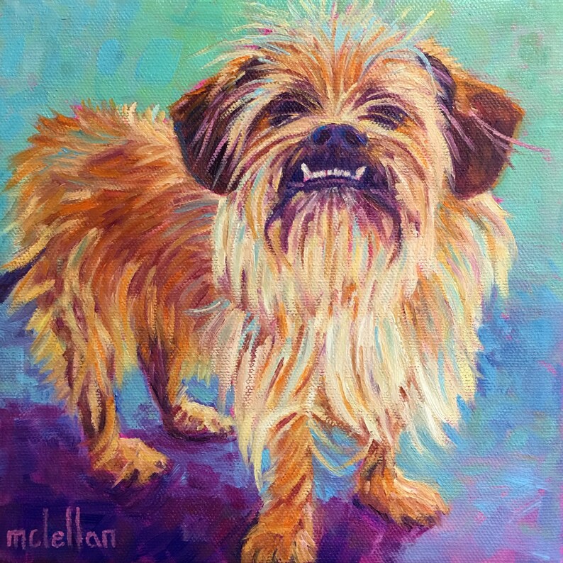 May include: Oil painting of a small, shaggy dog with a happy expression. The dog has a light brown and cream-colored coat, with darker brown ears and a visible underbite. The background is a blend of blue, purple, and green hues.