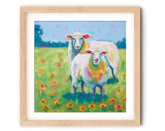 Colorful Sheep and Lamb Artwork, Mom and Baby Art Print of Original Artwork, Sheep and Lamb Painting Print, Sheep Nursery Wall Decor Girl