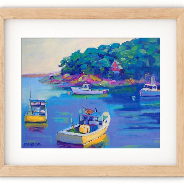 Maine Harbor Art Print, Harbor Print Colorful, Nautical Art Print Large Size, Coastal Art Print Wall Decor Fireplace, Landscape Art Vibrant