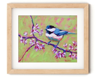 Chickadee Painting Art Print, Chickadee Nursery Decor Neutral, Bird Artwork and Prints for Walls, Art Print Large Size, Chickadee Original