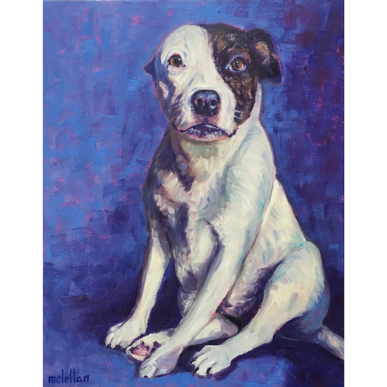 May include: A painted portrait of a dog with a white and brown coat, set against a textured blue background. The dog is sitting and looking directly at the viewer. The artwork is signed "mclellan" in the bottom left corner.