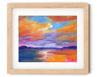 Sunset Art Print Canvas or Paper, Seascape Sunset Painting Print Large Size, Coastal Landscape Bold Color Art Print, Seascape Print Colorful