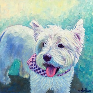 May include: Oil painting of a white West Highland Terrier with a pink and purple checkered bandana. The dog has a pink tongue and is set against a teal and yellow background. The artist's signature, "mclellan", is in the bottom right corner.