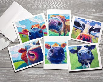 Cow Art Note Card Set: Colorful Animal Cards with Envelopes
