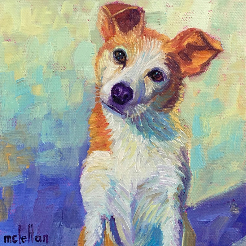 May include: Oil painting of a dog with a tilted head, featuring a white and orange coat. The dog's eyes are brown, and its nose is purple. The background has a blue and green color palette. The artist's signature, mclellan, is in the bottom left corner.
