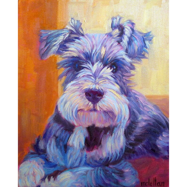 May include: An oil painting of a Schnauzer dog with a blue and white coat. The dog's face is in the center, with a white beard and mustache. The background is a warm orange and yellow, with the artist's signature in the bottom right corner.