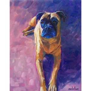 May include: Oil painting of a tan and black Boxer dog with a blue muzzle, lying down. The dog is centered against a background of pink and purple brushstrokes. The artist's signature is in the bottom right corner.
