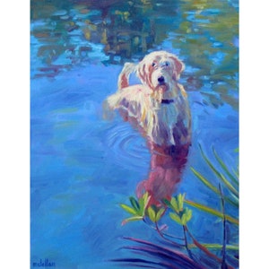 May include: An oil painting depicts a golden doodle dog standing in blue water. The dog is wet, with its fur appearing light beige. The water has ripples, and green plants are visible in the foreground. The artist's signature, mclellan, is in the bottom left corner.