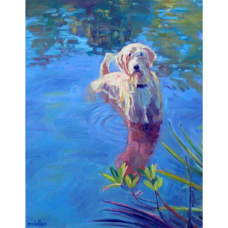 May include: An oil painting depicts a golden doodle dog standing in blue water. The dog is wet, with its fur appearing light beige. The water has ripples, and green plants are visible in the foreground. The artist's signature, mclellan, is in the bottom left corner.