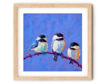 Three Chickadee Birds on a Branch Art Print, Bird Art Canvas Print Wall Decor Nature Print, Bedroom Wall Decor Paper Print Wall Art Bold