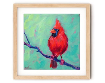 May include: A square framed painting of a bright red cardinal bird perched on a dark blue branch against a textured light green background. The bird has a black mask around its orange beak and a crest on its head. The artist signature mclellan is visible.