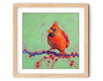 May include: A square framed painting of a bright red cardinal bird perched on a dark blue branch with small red berries. The background is a textured light green. The artist signature mclellan is visible in the bottom right corner of the art.