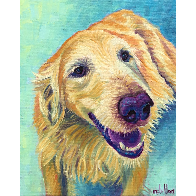 May include: A golden retriever dog portrait in an oil painting style. The dog has a light brown coat, a purple nose, and a smiling expression. The background is a light blue color. The artist's signature is in the bottom right corner.