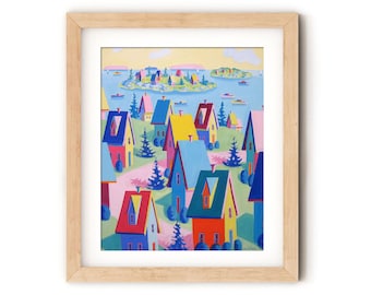 Maine Coastal Art Print: Whimsical Landscape, Lobster Boat Seascape