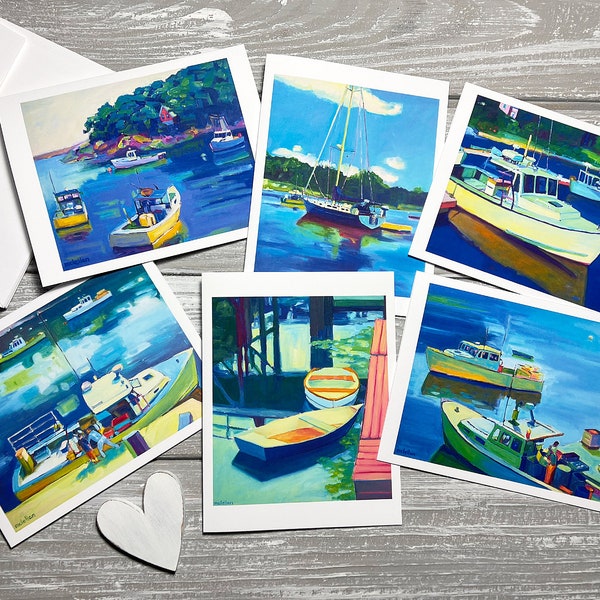 Coastal Greeting Cards Blank Greeting Cards with Art, Coastal Stationery with Envelopes, Harbor Painting Note Cards Blank Inside, Maine Art