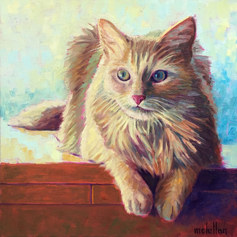 May include: Oil painting of a fluffy, long-haired cat with orange and cream fur, resting on a brick ledge. The cat has one green eye and one blue eye. The background is a soft blend of blue and yellow.