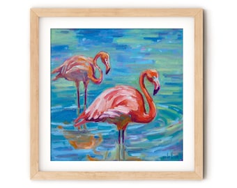 Flamingo Decor Tropical, Flamingo Artwork Sunroom Wall Art on Canvas, Florida Decor, Pink Flamingo Art, Tropical Art Print, Flamingo Print