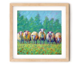 Sheep Flock Art Print: Farm Animal Nursery Wall Decor